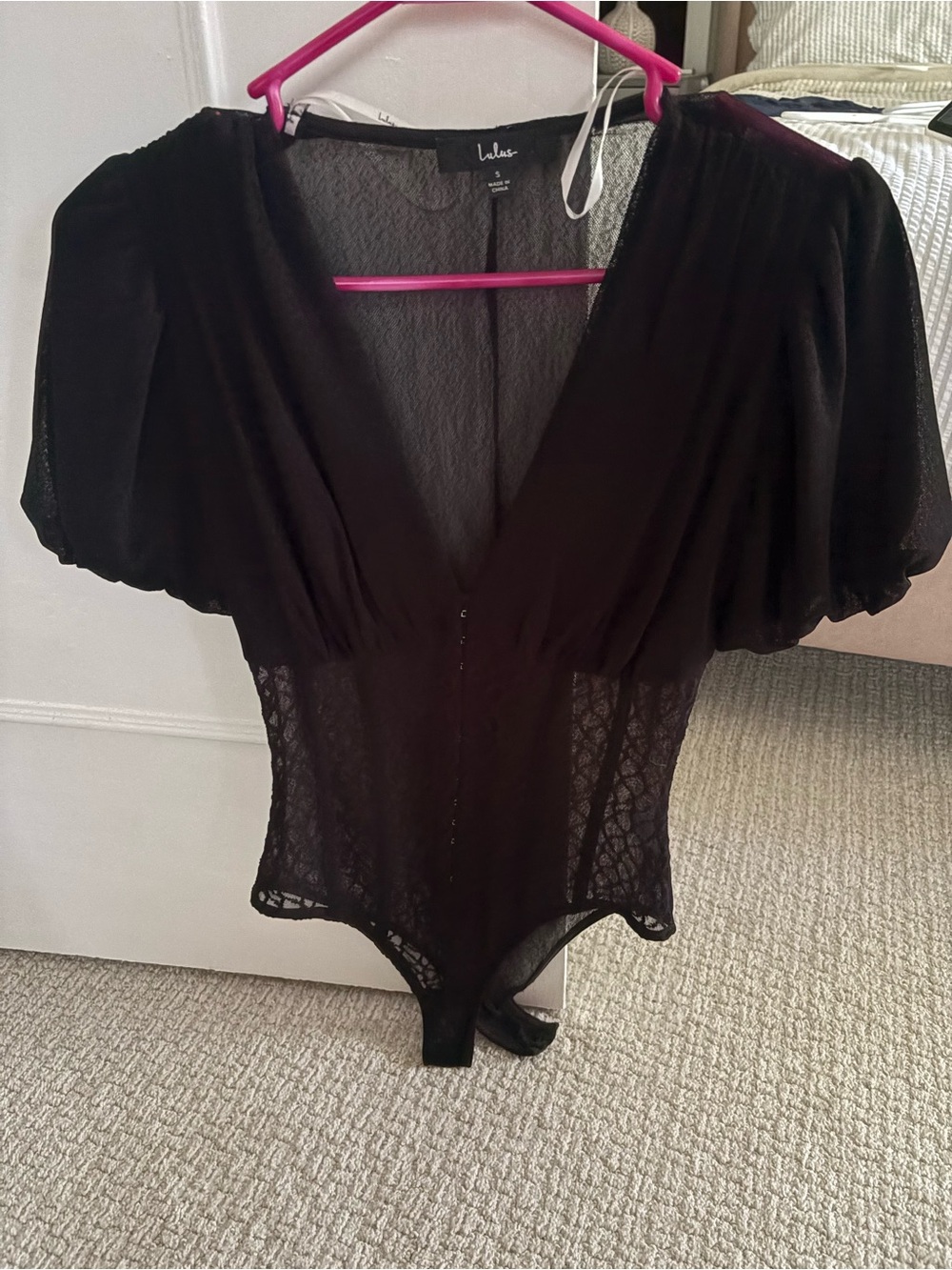 Lulu's Black Sheer Lace Puff-Sleeve V-Neck Bodysuit
